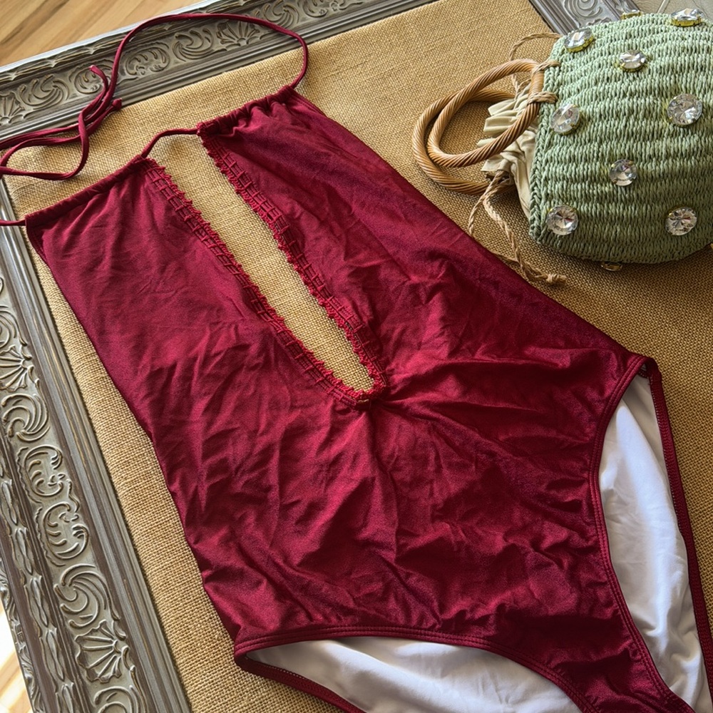 NEW Women’s Deep V One-Piece Swimsuit - Burgundy